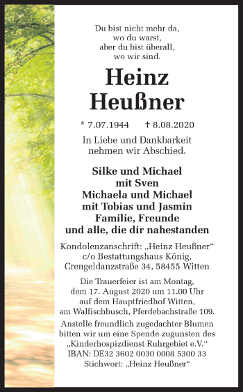 Traueranzeige von Heinz Heußner von Ruhr Nachrichten