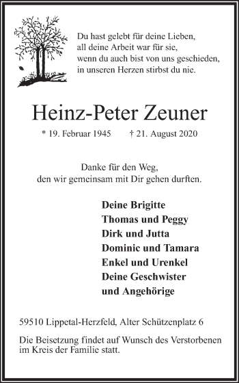 Traueranzeige von Heinz-Peter Zeuner von Hellweger Anzeiger