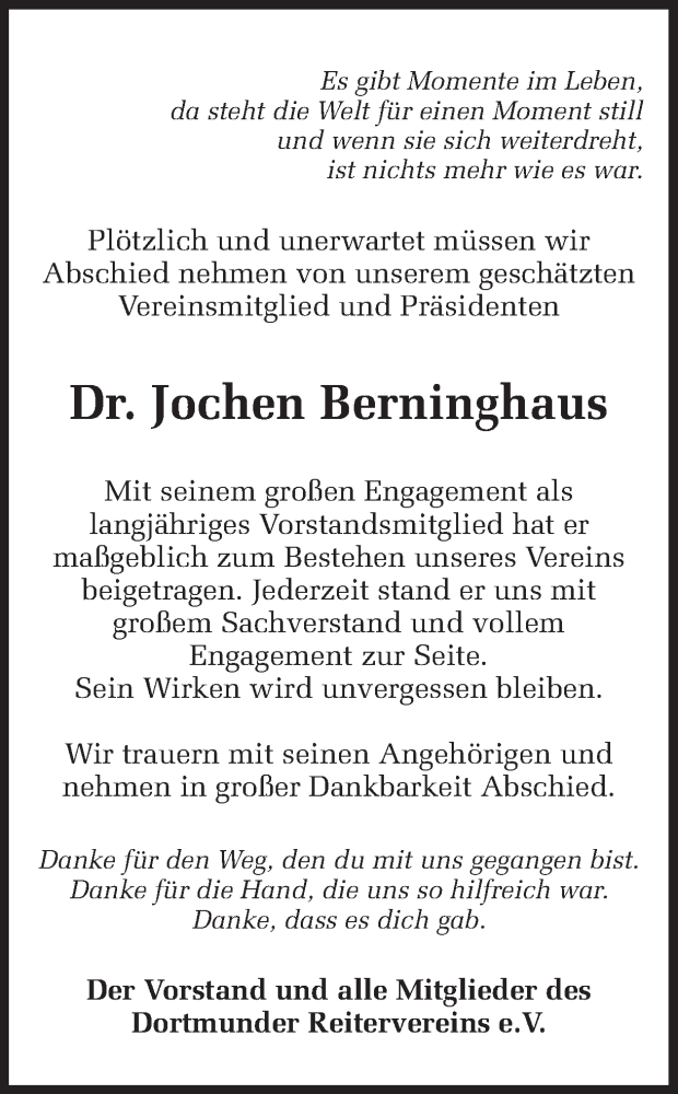  Traueranzeige für Jochen Berninghaus vom 29.08.2020 aus Ruhr Nachrichten