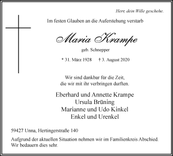 Traueranzeige von Maria Krampe von Hellweger Anzeiger