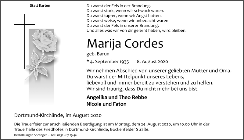  Traueranzeige für Marija Cordes vom 21.08.2020 aus Ruhr Nachrichten