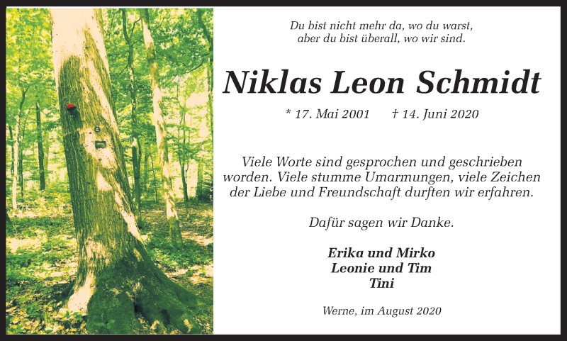  Traueranzeige für Niklas Leon Schmidt vom 08.08.2020 aus Ruhr Nachrichten