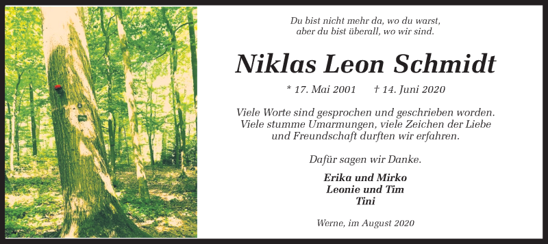  Traueranzeige für Niklas Leon Schmidt vom 08.08.2020 aus Ruhr Nachrichten