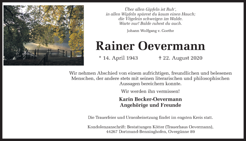  Traueranzeige für Rainer Oevermann vom 29.08.2020 aus Ruhr Nachrichten