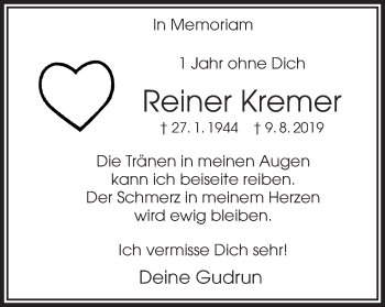 Traueranzeige von Reiner Kremer von Hellweger Anzeiger