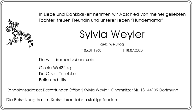  Traueranzeige für Sylvia Weyler vom 15.08.2020 aus Ruhr Nachrichten