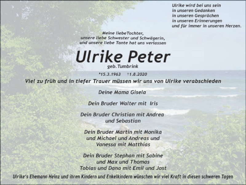  Traueranzeige für Ulrike Peter vom 07.08.2020 aus Ruhr Nachrichten