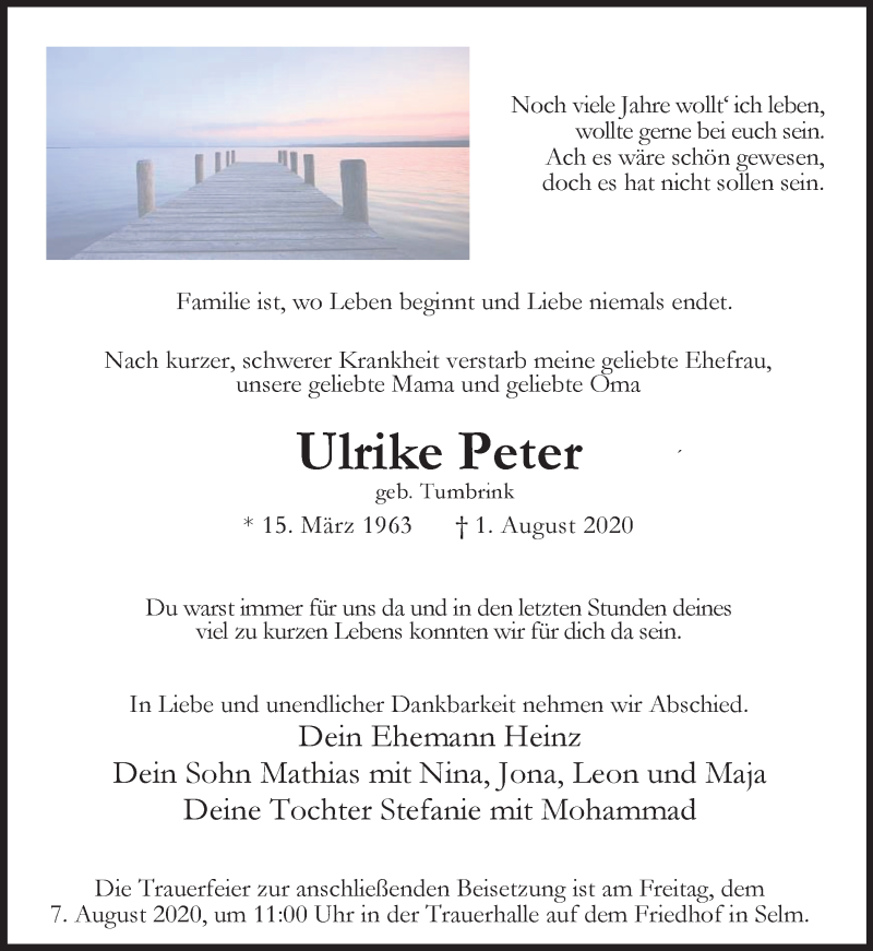  Traueranzeige für Ulrike Peter vom 04.08.2020 aus Ruhr Nachrichten