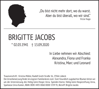 Traueranzeige von Brigitte Jacobs von Hellweger Anzeiger