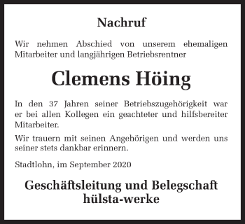 Traueranzeige von Clemens Höing von Münstersche Zeitung und Münsterland Zeitung