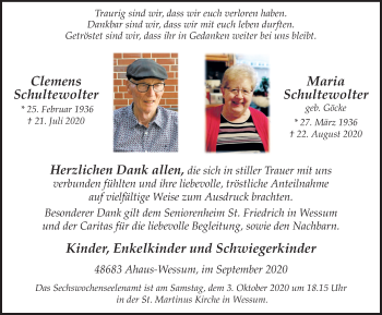 Traueranzeige von Clemens und Maria Schultewolter von Münstersche Zeitung und Münsterland Zeitung