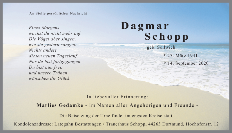  Traueranzeige für Dagmar Schopp vom 19.09.2020 aus Ruhr Nachrichten