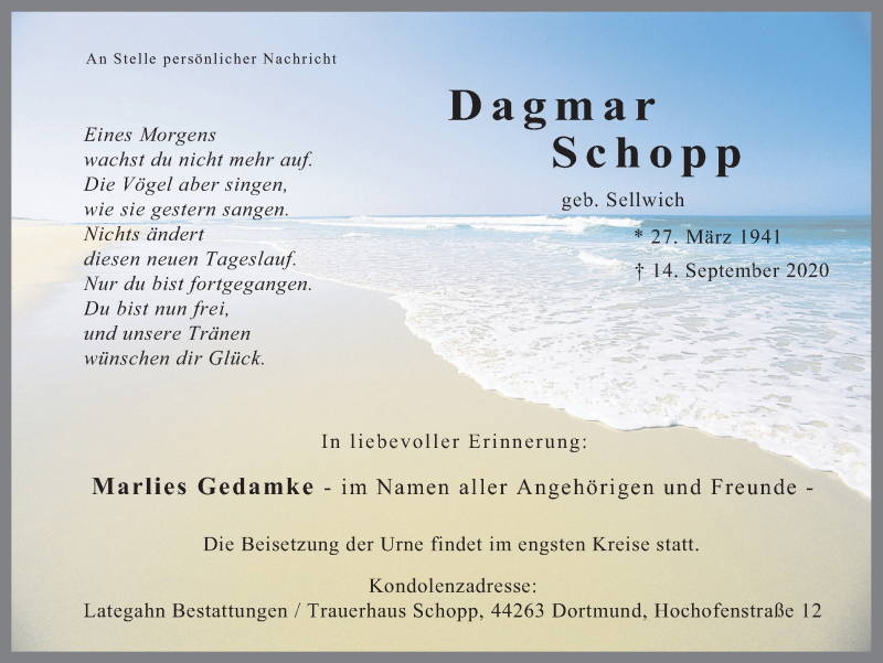  Traueranzeige für Dagmar Schopp vom 19.09.2020 aus Ruhr Nachrichten