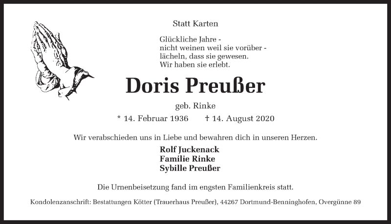  Traueranzeige für Doris Preußer vom 01.09.2020 aus Ruhr Nachrichten