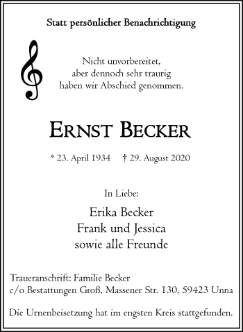 Traueranzeige von Ernst Becker