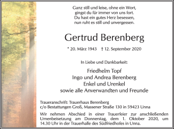 Traueranzeige von Gertrud Berenberg von Hellweger Anzeiger