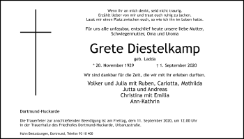 Traueranzeige von Grete Diestelkamp von Ruhr Nachrichten