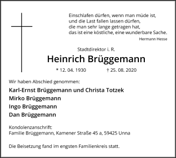 Traueranzeige von Heinrich Brüggemann von Hellweger Anzeiger