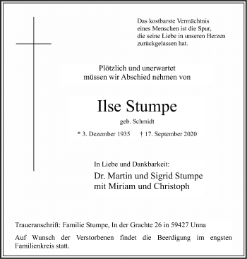 Traueranzeige von Ilse Stumpe von Hellweger Anzeiger