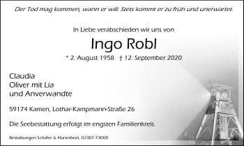 Traueranzeige von Ingo Robl von Hellweger Anzeiger