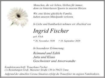 Traueranzeige von Ingrid Fischer von Hellweger Anzeiger