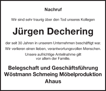 Traueranzeige von Jürgen Dechering von Münstersche Zeitung und Münsterland Zeitung