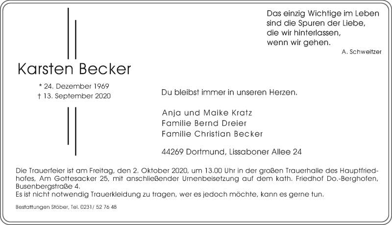 Traueranzeige für Karsten Becker vom 26.09.2020 aus Ruhr Nachrichten