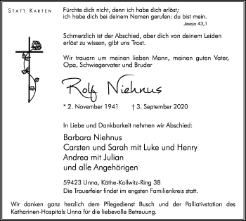 Traueranzeige von Rolf Niehnus von Hellweger Anzeiger