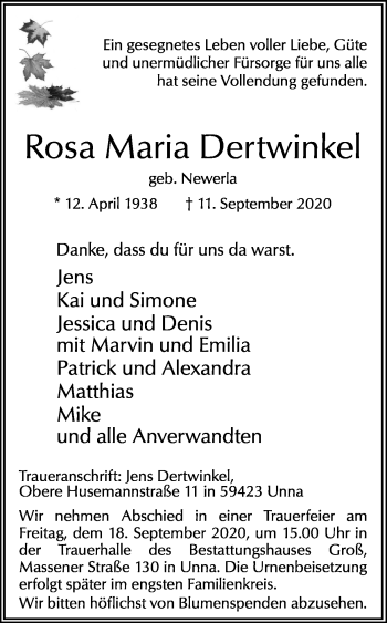 Traueranzeige von Rosa Maria Dertwinkel von Ruhr Nachrichten