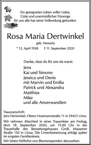 Traueranzeige von Rosa Maria Dertwinkel von Hellweger Anzeiger
