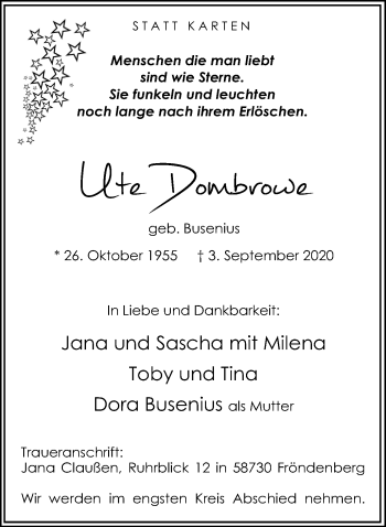 Traueranzeige von Ute Dombrowe von Hellweger Anzeiger
