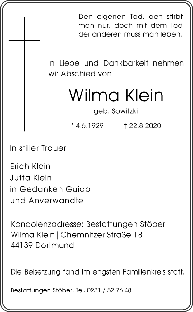  Traueranzeige für Wilma Klein vom 05.09.2020 aus Ruhr Nachrichten