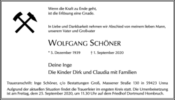 Traueranzeige von Wolfgang Schöner von Ruhr Nachrichten