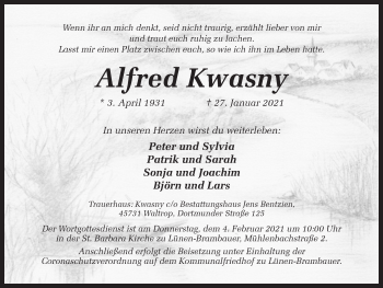 Traueranzeige von Alfred Kwasny von Ruhr Nachrichten