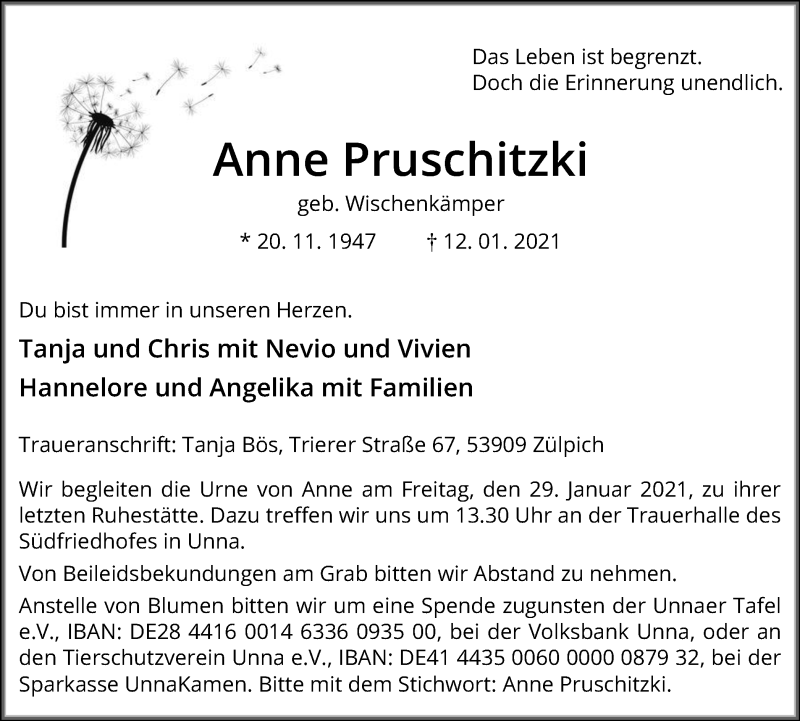  Traueranzeige für Anne Pruschitzki vom 20.01.2021 aus Hellweger Anzeiger