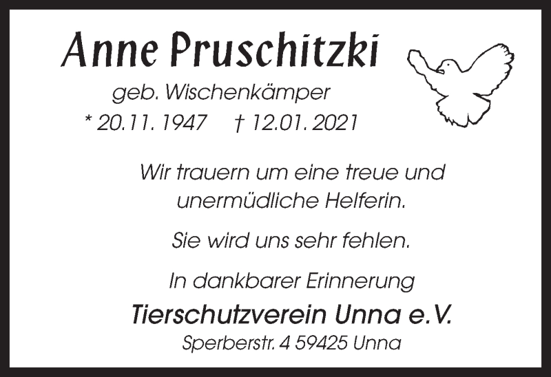  Traueranzeige für Anne Pruschitzki vom 23.01.2021 aus Hellweger Anzeiger