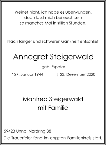 Traueranzeige von Annegret Steigerwald