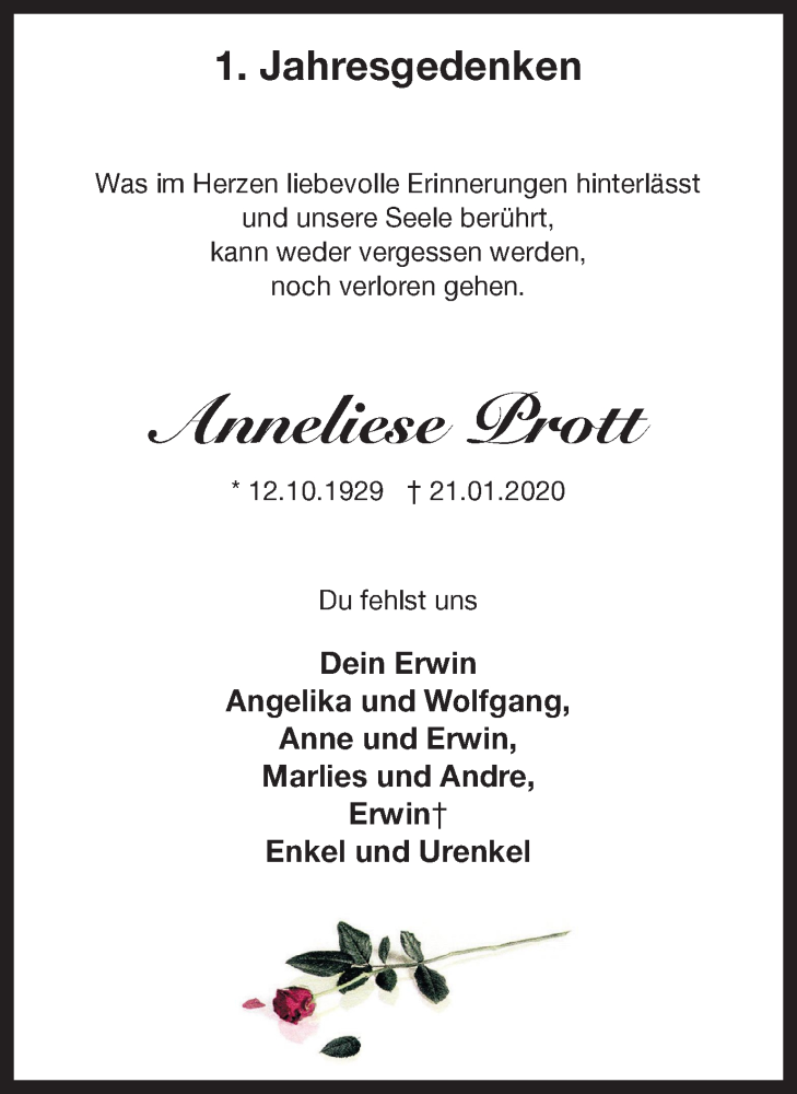 Traueranzeige für Anneliese Prott vom 21.01.2021 aus Ruhr Nachrichten