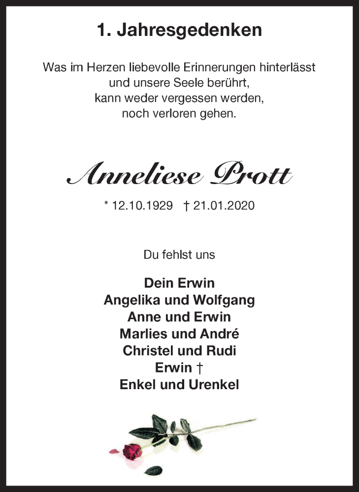  Traueranzeige für Anneliese Prott vom 22.01.2021 aus Ruhr Nachrichten