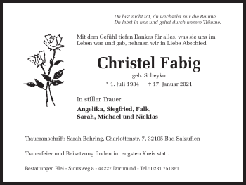 Traueranzeige von Christel Fabig 