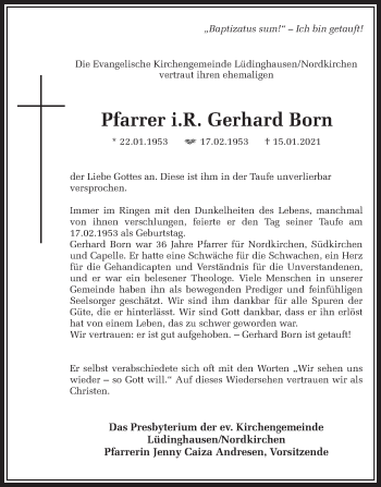 Traueranzeige von Gerhard Born von Ruhr Nachrichten