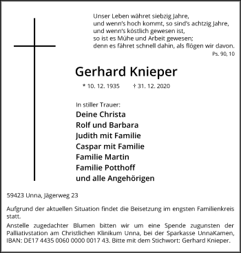Traueranzeige von Gerhard Knieper von Hellweger Anzeiger