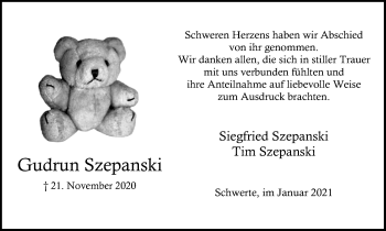 Traueranzeige von Gudrun Szepanski von Ruhr Nachrichten