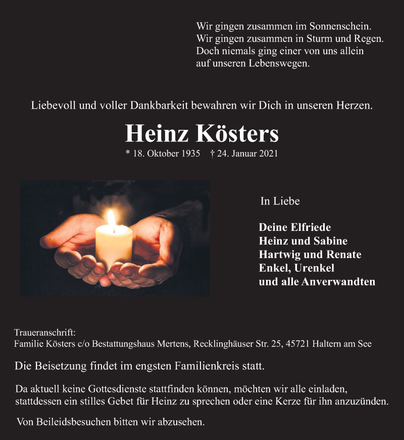  Traueranzeige für Heinz Kösters vom 30.01.2021 aus Ruhr Nachrichten und Halterner Zeitung