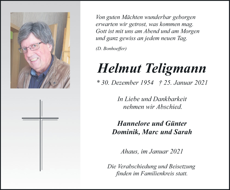  Traueranzeige für Helmut Teligmann vom 29.01.2021 aus Münstersche Zeitung und Münsterland Zeitung