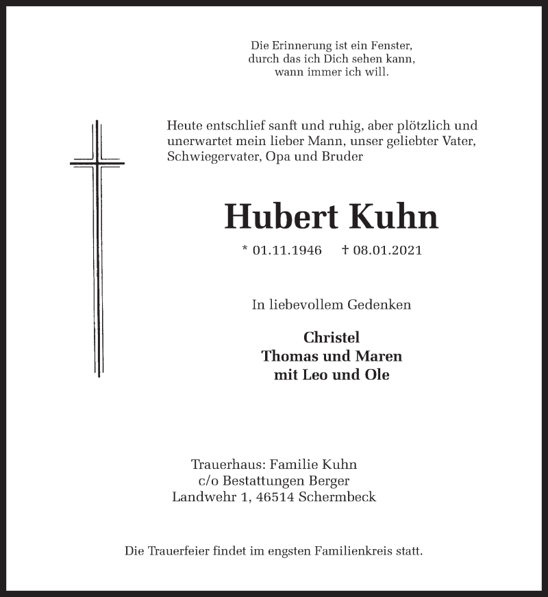  Traueranzeige für Hubert Kuhn vom 12.01.2021 aus Ruhr Nachrichten und Dorstener Zeitung