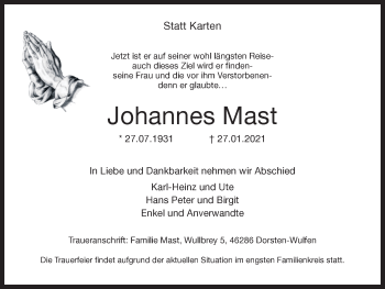 Traueranzeige von Johannes Mast von Ruhr Nachrichten und Dorstener Zeitung