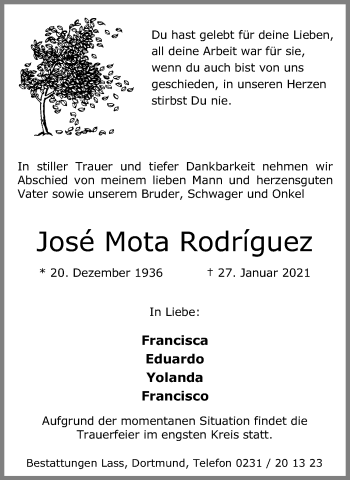 Traueranzeige von Jose Mota Rodriguez 