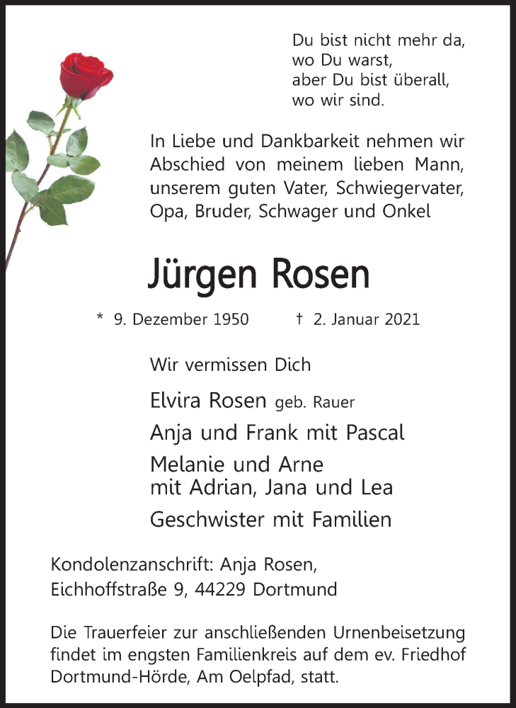  Traueranzeige für Jürgen Rosen vom 09.01.2021 aus 