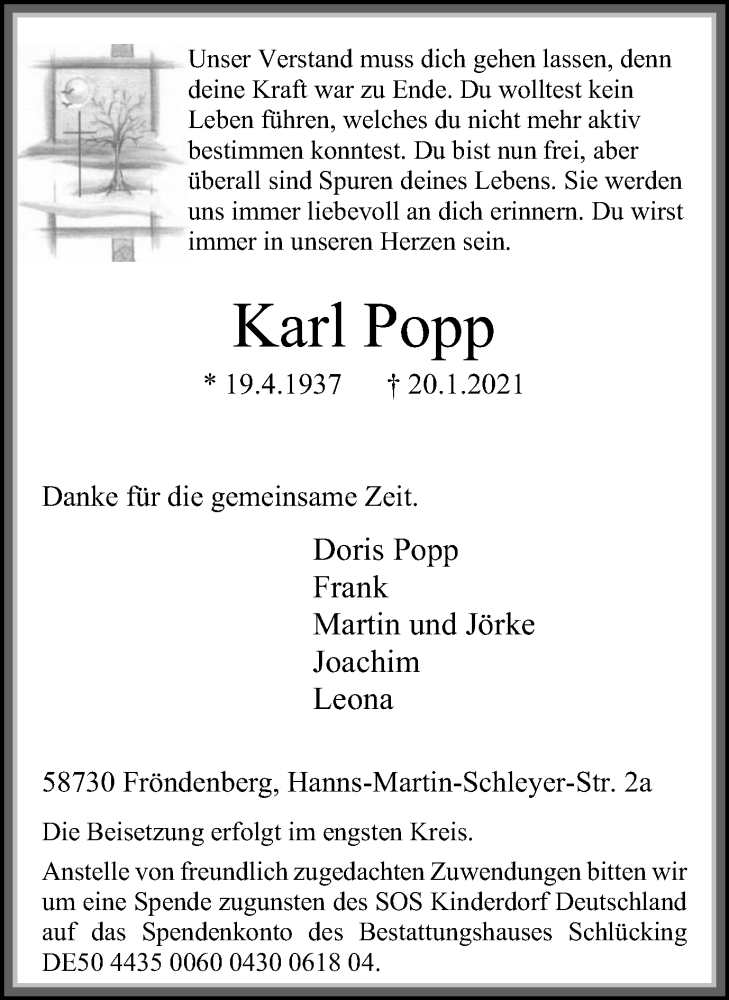 Traueranzeigen von Karl Popp sich-erinnern.de